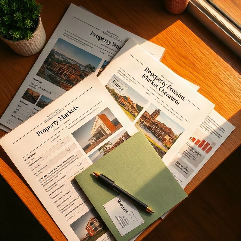 Printed property market reports and a notepad on a warm timber desk